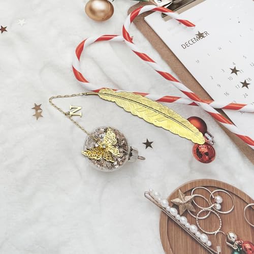 Initial Letter and Butterfly Charm Metal Feather Bookmark (Gold-N) - style: Gold-N
