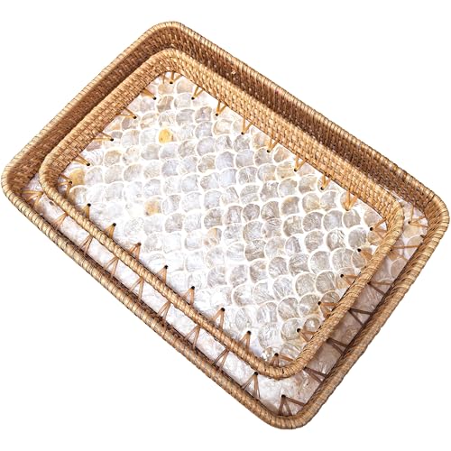 i-lan 2-Piece Rectangular Rattan Serving Trays with Mother of Pearl Inlay – Decorative Handwoven Trays for Coffee Table, Ottoman & Home Organization – Nested Set (13" & 11.5")