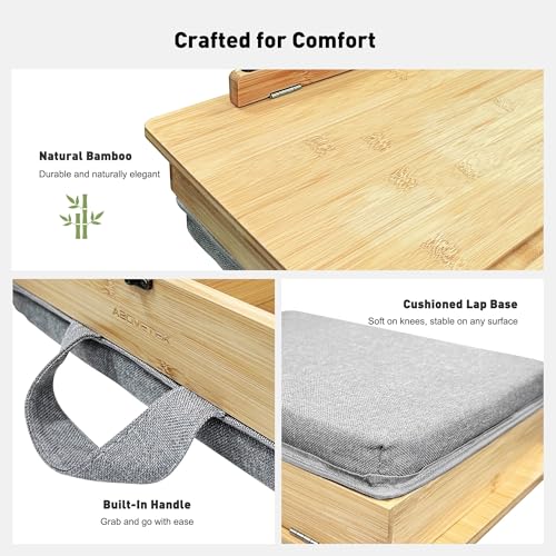 AboveTEK Book Stand for Reading with Storage, Adjustable Bamboo Book Holder with Soft Lap Cushion, Cookbook Stand, Hands-Free Book Reading Stand for Bed, Desktop & Kitchen Counter