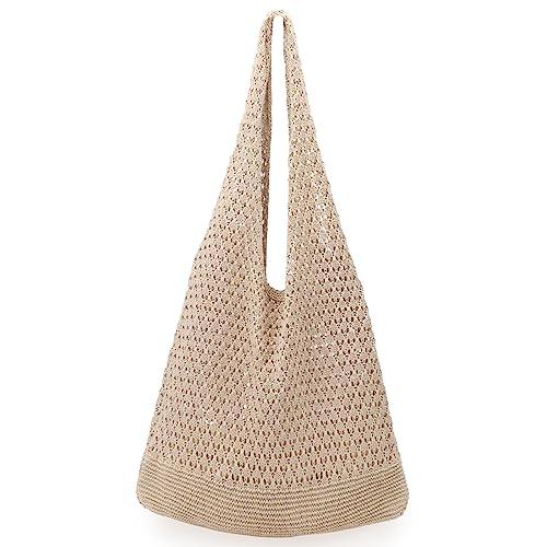 hatisan Crochet Bag for Women, Handmade Knit Beach Tote Bag Summer - color: Khaki