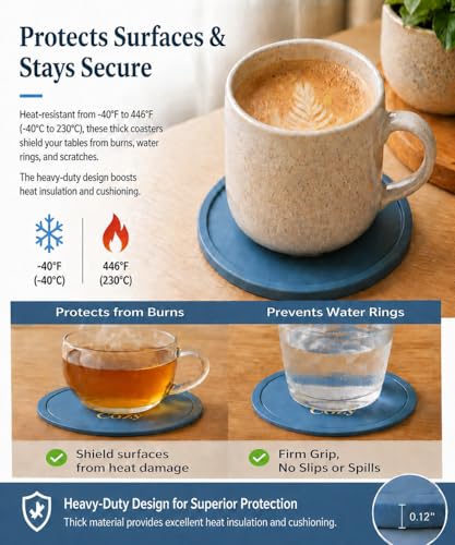 HiramWare Silicone Coasters Set of 6, Premium Drink Coaster with Holder, Non-Slip, Non-Stick, Dishwasher Safe, Perfect for Hot and Cold Drinks, Protect Your Desks and Tables(6 Morandi Blue) - color: Morandi Blue