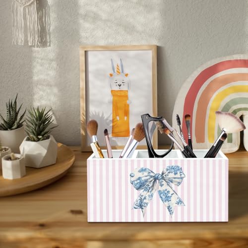 Chinoiserie Blue Bow Pen Holder for Desk, Preppy Pink Striped Pencil Organizer, Girly Bow Aesthetic Wooden Box Sign Desk Decor for Girls Bedroom Dorm Home Office Decoration - color: Blue Bow