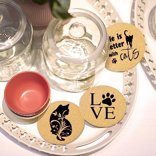 Coasters for Drinks with Holder Set of 6, Cat Paw Coaster for New Home Couples House Warming Gifts Absorbent Cork Wood for Cup Desk Coffee Table Office Kitchen Decor, Round 4" - color: Cat Paw