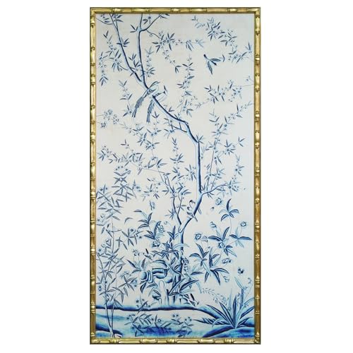 HongFengtang Chinoiserie Bamboo Wall Art Print, Hand Painted Style Vintage Chinese Flower & Bird Painting, HD Printed on Art Rice Paper, Antique Oriental Wall Decor for Home Living Room, 54.3 X 28 Inches (BRIGHTGOLD LA) - color: BRIGHT LA, size: 54.3"L x