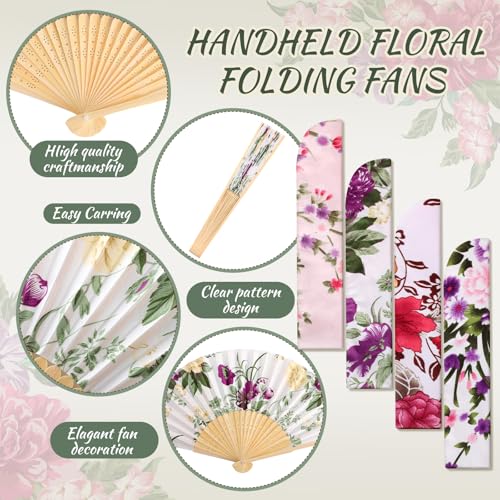 Zonon 4 Pack Hand Held Folding Fans for Women Silk,Spring Flowers - style: Spring Flowers