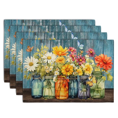 Rustic Daisy Placemats Set of 4 Vintage Flower Vases Wood Grain Linen Table Mats 12x18 Inch Summer Floral Wooden Board Farmhouse Washable Place Mat for Party Kitchen Dining Outdoor Indoor Decor - color: Daisy Vases