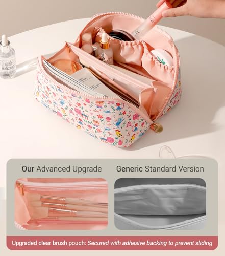 Aveniee Travel Makeup Bag for Women, Large Cosmetic Organizer with Open-Flat Design, Clear Divider & Handle - Waterproof PU Leather Toiletry Case, Cat Pattern - style: Sunshine Kitty