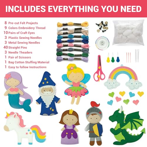 Craftorama Sewing Kit for Kids, Fun and Educational Fairytale Craft Set for Boys and Girls Age 7-12, Sew Your Own Felt Animals Craft Kit for Beginners, 165 Piece Set - color: Fairytale