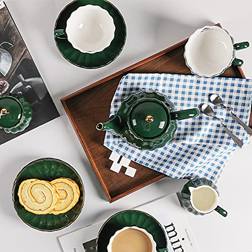 Sweejar Home Porcelain Tea Sets British Royal Series, 8 OZ Cups& Saucer Service for 6, with Teapot Sugar Bowl Cream Pitcher Teaspoons and Tea Strainer, Suitable for High Tea, Wedding, Party (Jade) - color: Dark Green