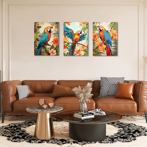 GLOKAKA Set of 3 Parrot Wall Art Colorful Parrot on Branch with Tropical Leaves Painting Pictures Wall Decor Colorful Birds Artwork for Living Room Bedroom Bathroom Decor - color: Parrot Artwork-02, size: 24"L x 16"W