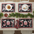 DaDa Bedding Starry Peppermint Joy Placemats - Set of 4 Festive Christmas Winter Holiday Tapestry - Red Black & White Cotton Linen Woven Yueltide Dining Table Mats - 13” x 19” (12904) - color: Joy