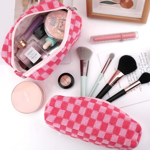 EIMMBD Makeup Bag 3 Pieces Large Capacity Checkered Cosmetic Bags Canvas Travel Toiletry Bag Organizer Cute Makeup Pouch Storage for Women(Rose) - color: Rose