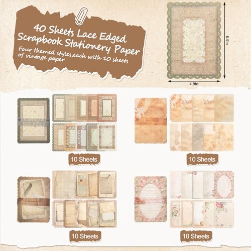 40 Sheets Lace Edged Vintage Scrapbook Paper Textured Journaling Supplies - color: Lace Edged