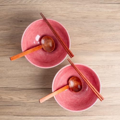 40oz Japanese Ceramic Ramen Bowl Set of 2 with Chopsticks and Spoons for Pho Udon Asian Soup Noodles (Pink) - color: Pink