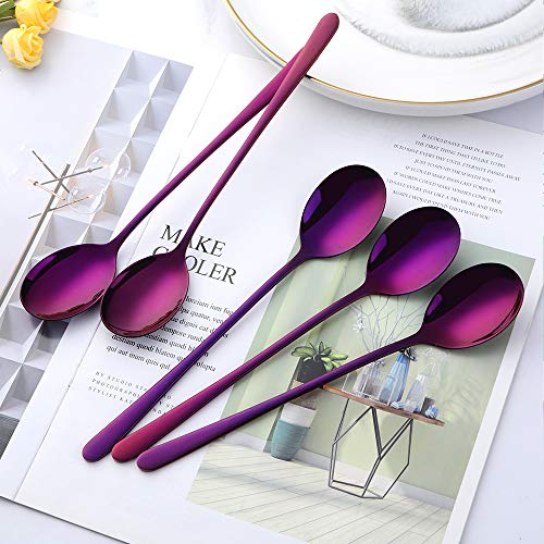 Buyer Star 5-pieces Purple Dinner Table Spoons 8-Inch Stainless Steel Metal Korean Soup Spoons - color: Purple