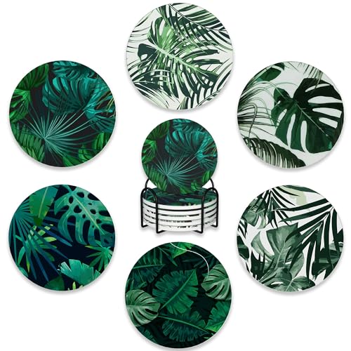 Drink Coasters Set of 6 with Holder,Tropical Palm Leaves Green Absorbent Ceramic Coasters with Cork Base,Fit All Cups,Tabletop Protection Mat for Mugs and Cups,Office,Kitchen - color: Tropical Palm Leaves Green