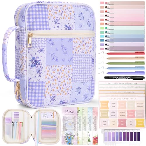 XKDOUS Bible Cover Case for Women Bible Bag Journaling Kit w/Study Supplies - color: Purple Patchwork, size: Large
