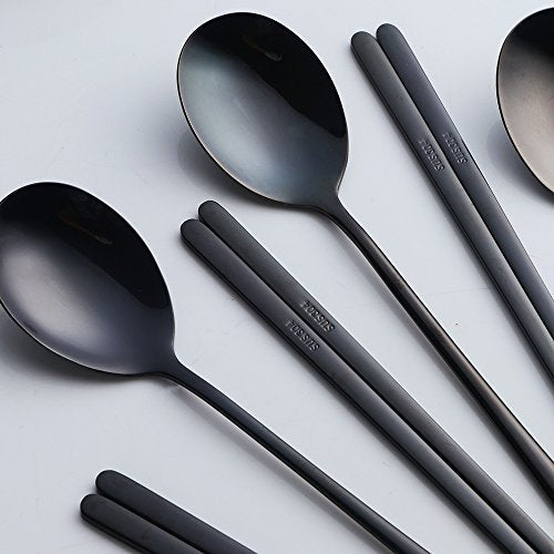 Buyer Star 4 Set Spoon Chopsticks, Black Reusable Metal Stainless Steel Korean Chopstix Spoon Set - color: black-flat chopstick and spoon
