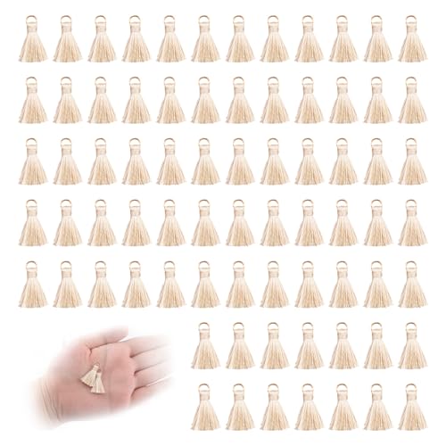 Mini Tassels Charm, 90pcs Golden Circle Beige Color Mini Tiny Handmade Craft Tassels Charms for DIY Jewelry Necklace Making Accessories - color: Beige-2cm