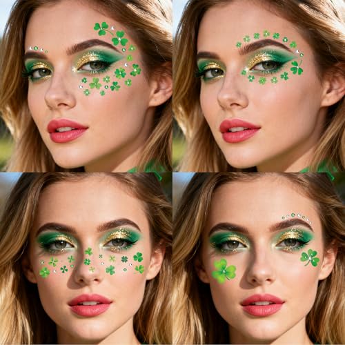 St Patrick's Day Shamrock Face Tattoo with Green White Face Gems
