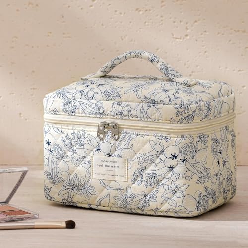 HBselect Quilted Makeup Bag, 3Pcs Cotton Large Travel Makeup Bags Organizer - color: A-3PCS-Floral 31