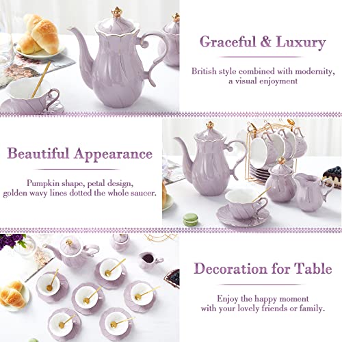 DUJUST 22 pcs Porcelain Tea Set for 6, Luxury British Style Tea/Coffee Cup Set with Golden Trim, Beautiful Tea Set for Women, Tea Party Set, Gift Package (With a Stand) - Purple - color: Purple
