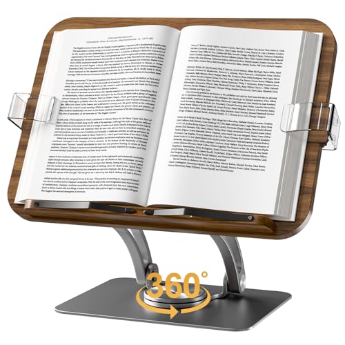 Book Stands for Reading,Adjustable Book Holder with 360° Rotating Metal Base,Foldable Cookbook Stand, Reading Hands Free with ABS Expandable Page Clips for Recipe,Textbook,Laptop - color: Gunmetal