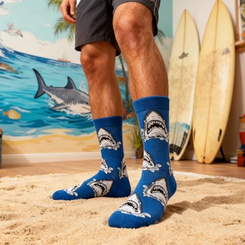 Colorful Funny Novelty Dress Socks for Men Women Teens Fathers Day Casual Fun Crazy Funky Graphic Crew Socks - color: 5 Pairs - Fun Novelty Themed - Shark & Lighthouse Coastal & Astronaut Star Space & the Great Wave Off Kanagawa Art Striped Pattern Socks,