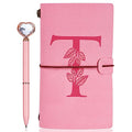 Personalized Journal Gift-Pink Initial Leather Journal+Heart Diamond Pen Set,Travel Notebook Diary Gifts,Refillable Notepads,Christmas,Birthday Gifts for Women Girls (7.9"x4.7") (T) - style: T