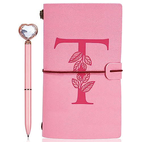 Personalized Journal Gift-Pink Initial Leather Journal+Heart Diamond Pen Set,Travel Notebook Diary Gifts,Refillable Notepads,Christmas,Birthday Gifts for Women Girls (7.9"x4.7") (T) - style: T