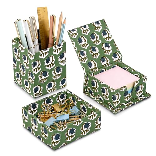 Ridhi Basil Green Block Print Office Desk Organizer Pen & Note Holder - color: Basil Green