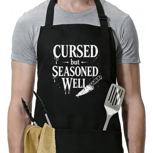 Funny Apron for Men Women,Humorous Kitchen Apron- Grilling Cooking BBQ Accessories, Gift for Dad Husband - color: Cursed But Seasoned Well