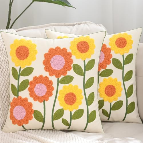 LUOYEHK Embroidered Throw Pillow Covers 18x18 Inch Set of 2 Orange Sunflower Decorative Pillow Cover Spring Summer Boho Cushion Pillowcase for Couch Sofa Bed Living Room - color: Orange Sunflower