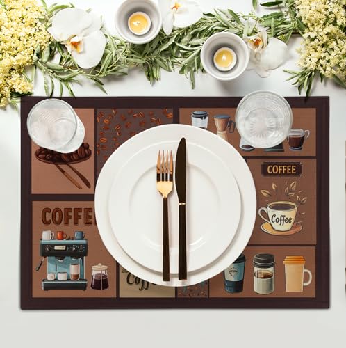 Coffee Theme Placemats Set of 4 Farmhouse Style Brown Linen Fabric Table Mat 12x18 Inch Washable Heat Resistant Non-Slip Place Mats for Home Party Kitchen Dining Decor - color: Coffee Theme