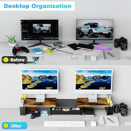 Spacrea Wood Dual Monitor Stand Riser with Drawer and 2 Pen Holders - color: Wood
