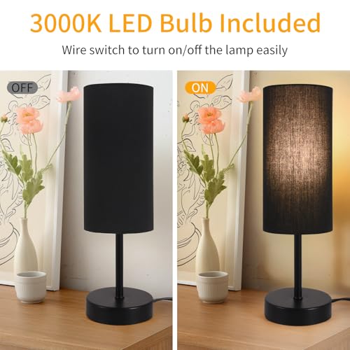 RISLG 2 Pack Table Lamp for Bedroom, Bedside Lamps for Nightstand with Wire Switch, Minimalist Desk Lamps with Linen Fabric Shade for Kids Room Living Room Office Dorm, Bulb Included - color: 2 Pack Black-Black, size: 13in