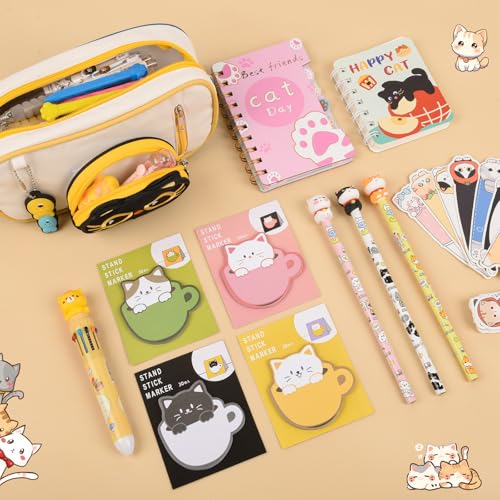 Ulema 60Pcs Cute Cat Stationery Set Birthday Gifts for Boys Girls Back to School and Classroom Rewards Office Supplies with Cat BallPoint Pen, Pencils, Erasers, Sticky Notes etc. - style: cat