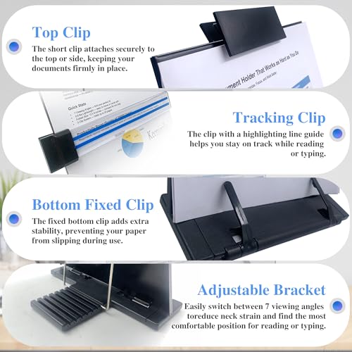 Keenjorika Desktop Document Book Holder with 7 Adjustable Positions, Black Document Holder for Desk, Paper Holder Copy Stand Holder for Speech, Paper Holder Stand for Desk Typing, Angle Adjustable