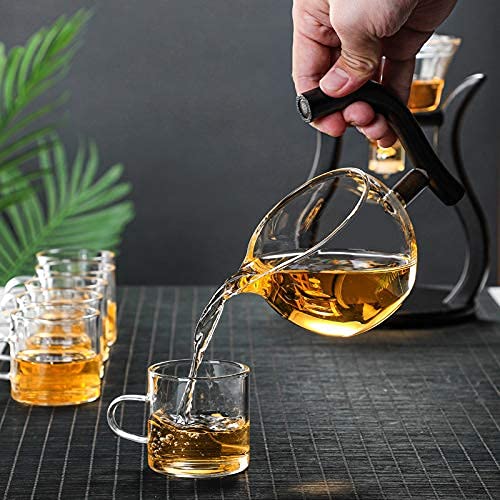 RORA Lazy Kungfu Glass Tea Set Semi Automatic Drip Rotating with Infuser Glass Teapot Set (6 cups) - color: Wooden, size: teapot set