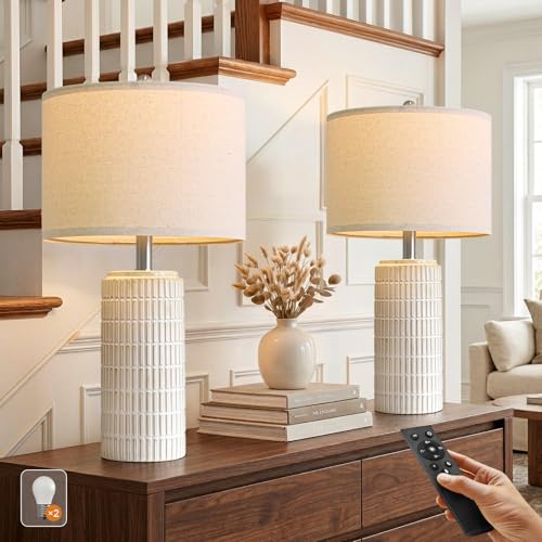 PoKat 23’’ Dimmable Table Lamps Set of 2 with Remote for Living Room, White - color: Cream