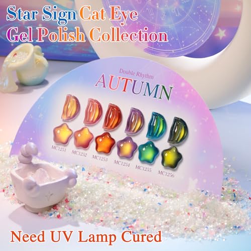 Double Rhythm Cat Eye Gel Nail Polish Set of 6 Same Color Same Bottle 0.5 Oz Shimmer Glitter with Magnet Holographic Reflective Magnetic UV Nail Polish Kit at Home (Golden Autumn Brown-T6-57) - color: Golden Autumn