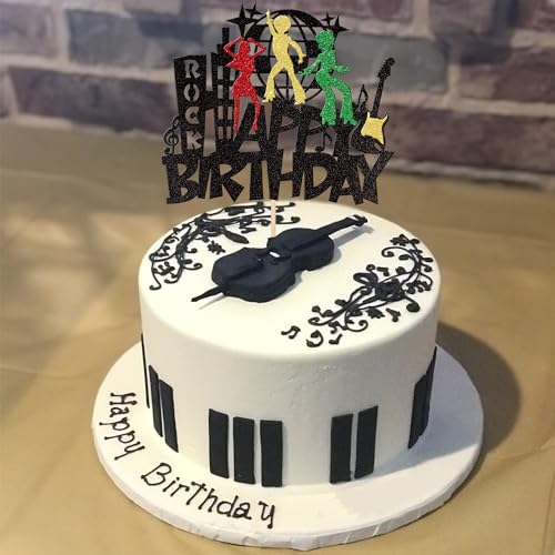 1 PCS Rock Happy Birthday Cake Topper Glitter Guitar Music Disco Ball Cake Pick 70's Disco Dancing Rock and Roll Cake Decoration for Rock Band Music Concert Theme Birthday Party Decorations Supplies - color: Pattern 8
