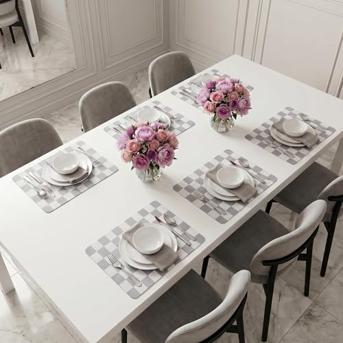 Set of 6 Checkerboard Non-Slip Washable Placemats for Dining Table - color: Gray