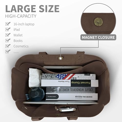 HOMESPON Large Canvas Tote Bag, Magnetic Work Laptop Pack for Women - color: Brown