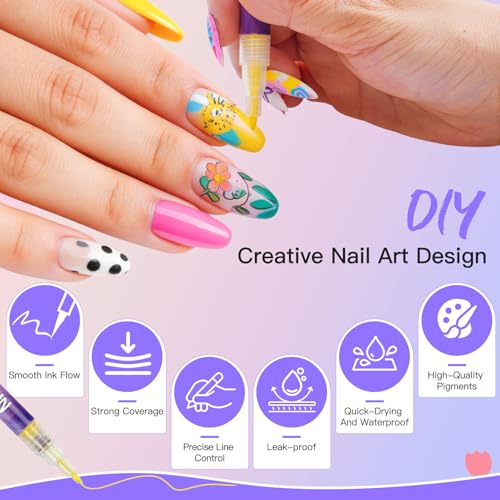 Biutee 12 Colors Nail Art Pens Set, 3D Nail Polish Pens 0.7mm Quick-Drying - color: MulticolorC