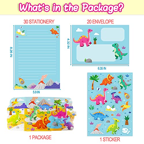 Dinosaur Stationery Set for Kids, Cute Dinosaur Letter Writing Paper with Lines and Envelopes, Kids Letter Writing Kit with Stickers, 30 Sheets + 20 Envelopes, Dinosaur Writing Set, 8.3 x 5.9 Inch