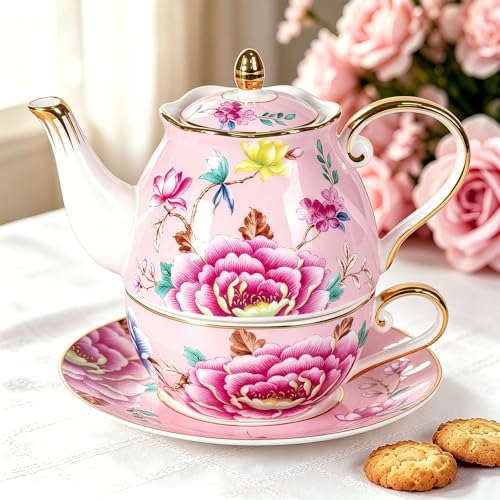 KAMMAK Tea for One Set, Ceramic Teapot, Bone China Tea Set, Cup and Saucer - color: Pink-GH9