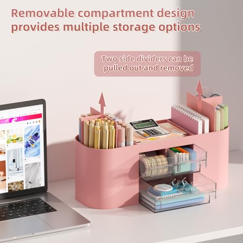 Marbrasse Desk Organizer Pen Holder for Desk with 3 Drawers, Multi-Functional Pencil Holder, Desk Organizers and Accessories with 7 Compartments for Home, School, Classroom(Pink) - color: Pink
