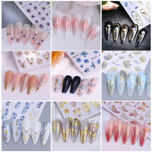 3D Flower Nail Art Stickers Decals Luxury Flower Petal Stickers with Tweezers 12 PCS Self Adhesive Pink Purple Blue Floral Gold Edge Decals Cherry Blossom Lily Summer DIY Manicure Nail Art Decoration - style: Flower Golden Edge Styles