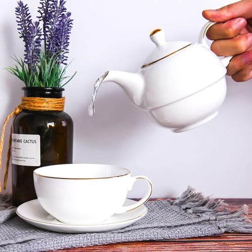 Ceramic Tea for One Set, 12oz Teapot& 8.2oz Cup (White) - color: White